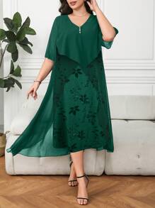SHEIN Clasi Vestido 2 en 1 de talla grande con estampado y bajo asimétrico - Verde - Ver 6