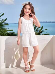 2pcs Set - Young Girl Woven Solid Color Top And Mini Skirt Outfit - Apricot - View 3