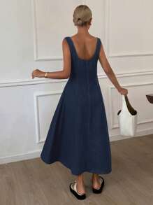 Livesso فستان جينز خطوة واحدة بألوان سادة قطعات مختلفة للسيدات - أزرق داكن - مشاهدة 2