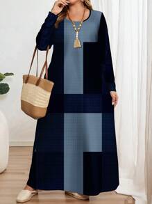 EMERY ROSE Plus Size Casual Minimalist Full Pattern Print Long Sleeve Crew Neck Dress, Suitable For Spring And Autumn Chic Dress Fall - Multicolor - View 5