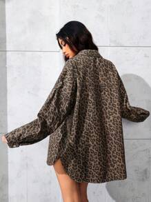 SHEIN EZwear 女式豹纹落肩单排扣休闲牛仔夹克 - 彩色 - 查看 2