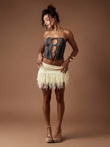 MISSGUIDED 流苏针织迷你裙节日波西米亚风夏季沙滩装钩针度假服池畔度假舞会溜冰流苏时尚服饰 - 杏色 - 查看 3