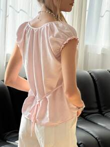 SHEIN Bubbli Women's Solid Color Pleated Bat Wing Short Sleeve Half-Open Neck T-Shirt