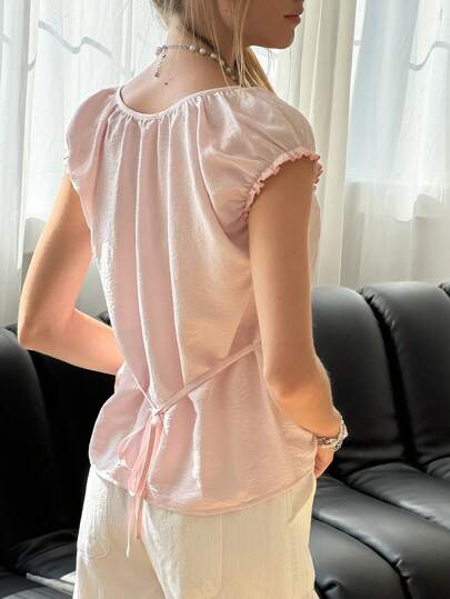 SHEIN Bubbli Áo thun nữ tay ngắn cổ hở xếp ly cánh dơi màu trơn