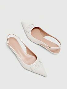 CUCCOO BIZCHIC 女士新款方扣尖头平底低跟鞋奇特鞋跟通勤风格百搭舒适米色一脚蹬平底鞋，适合办公室和休闲穿着 - 米色 - 查看 2