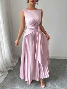 Elenzga Women's Pink Round Neck Sleeveless Ruched Waist Dress
