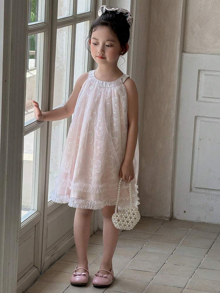 Young Girl Round Neck Sequin Mesh Party Dress, Elegant Birthday Event Attire, Girls Summer Outfits