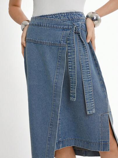 Daynim Jupe en jean mini asymétrique avec lien sur le côté pour femmes