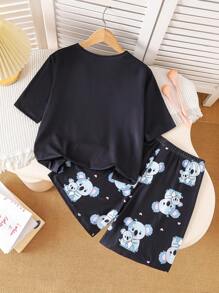 SHEIN Sparklyn 少女可爱考拉印花休闲圆领短袖T恤和短裤两件套家居服套装 - 黑色 - 查看 2