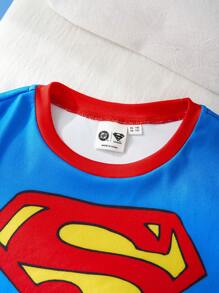SUPERMAN X SHEIN 青少年男孩超级英雄图案拼色休闲插肩短袖 T 恤 + 红色短裤紧身舒适睡衣套装