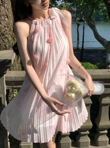 DAZY 女士夏季扎染花卉装饰吊带抽绳短款休闲迷你连衣裙，适合返校、度假、邮轮旅行等各种场合。 - 粉色 - 查看 3