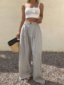 DAZY Plain Loose Split Pockets Casual Vacation Pants For Women Summer - Grey - View 4