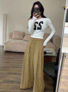 DAZY Solid Color Loose Fit High Waist Wide Leg Pants, Elastic Waist Casual Women Trousers, Summer,Teacher Pants - Army Green - View 3