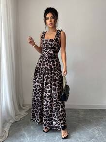 SHEIN Unity Gaun Kasual Wanita Motif Leopard dengan Detail Kerut dan Model Swing - Kopi - View 7