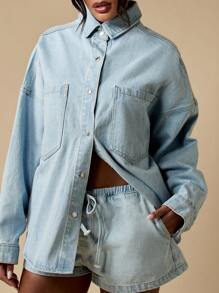 MISSGUIDED 休闲节日夏季两件套牛仔套装，浅色水洗宽松外套搭配弹力腰短裤，适合沙滩度假街头风穿搭。 - 淺色水洗藍 - 查看 8