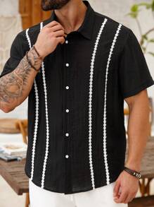 ResortEase 大码男士夏季度假风格撞色蕾丝丝带短袖衬衫男士黑色纽扣衬衫
