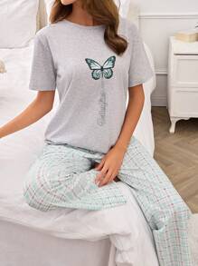 Conjunto de pijama de 2 piezas para mujer con camisa de manga corta con estampado de mariposa y pantalón a cuadros