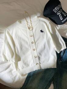 Comfortcana Cardigan bianco corto con maniche corte e bottoni ricamati per donna