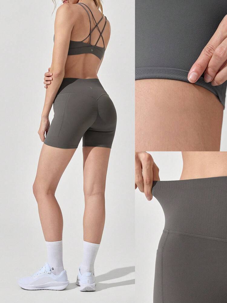 4.3" FeatherFit™-Sculpt Confidence Boost Stretchy Compressive Butt Lifting Tummy Control Anti-Slip Side Pockets Biker Shorts Medium Impact Running Jogging Workout Gym Training Active