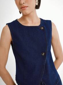 Daynim 女式无袖双排扣牛仔背心夹克 - 中等水洗藍 - 查看 5