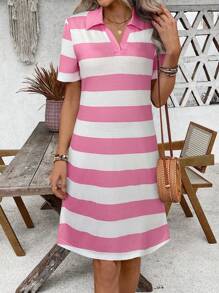 EMERY ROSE Women's Summer Striped Lapel Short Sleeve Casual Mid-Length Dress,Dresses For Women Summer