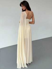 Aloruh New Asymmetric Shoulder Net Yarn Embroidered Ruched Flowy Band Fitting Elegant Luxurious Charming Party Dress For Women - Apricot - View 4