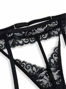 2 piezas Conjunto de lencería Romántico y Sexy con Balconette con Volantes de Encaje Floral, Color Negro - Negro - Ver 10