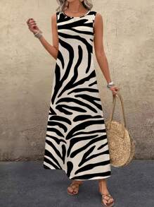 EMERY ROSE Plus Women Zebra Print Round Neck Casual Tank Dress,Summer Dresses For Women,Sundress Chic Dress