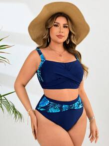 Swim Lushoire Plus Size Women 2pcs Set Plant Print Cross Front Camisole Top And Triangular Bottom Swimsuit Set, For Vacation,Summer Outfits For Women,Bathing Suit