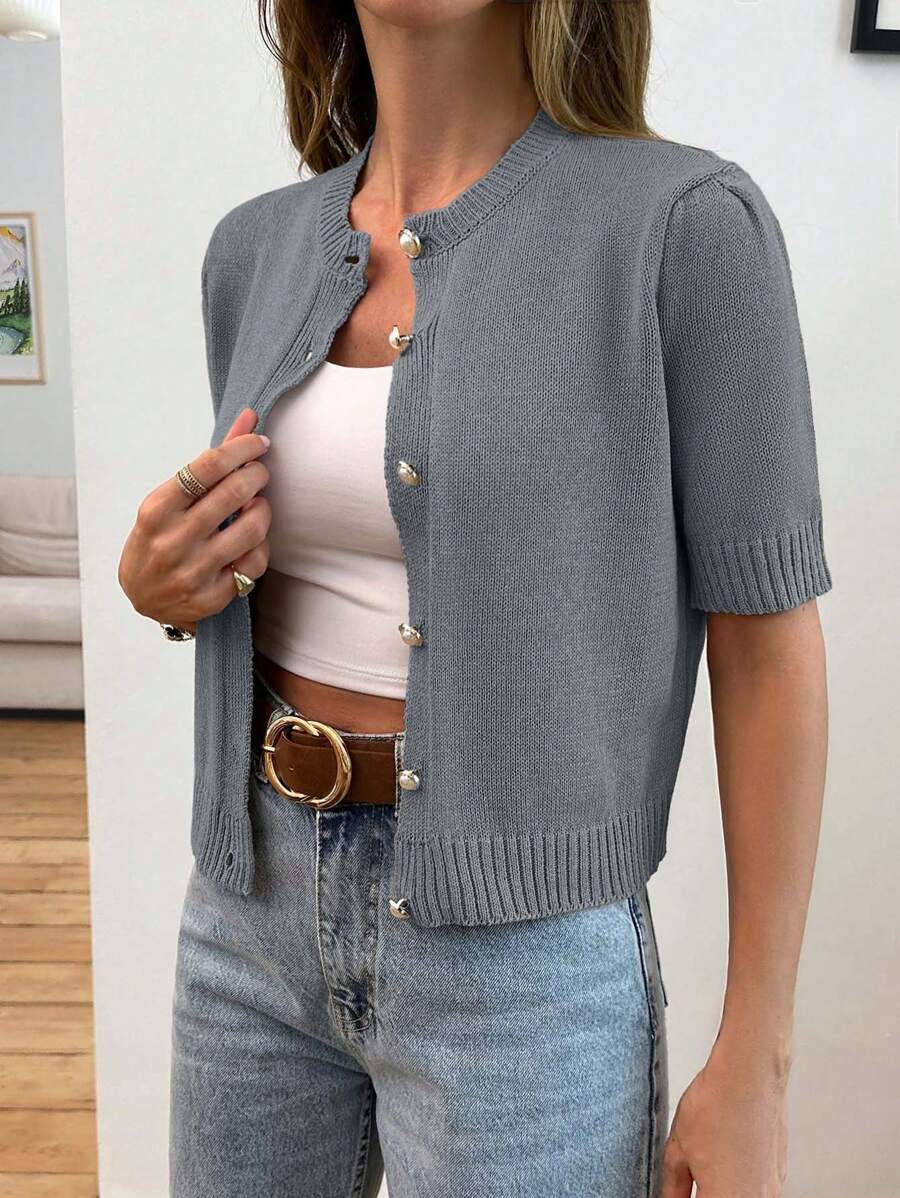 EURMUSE Gold Button Short Sleeve Elegant Cardigan - Light Grey - View 1