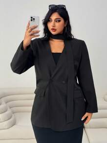 SHEIN EZwear Plus Size Casual Solid Double-Breasted Suit Jacket - Black - View 1