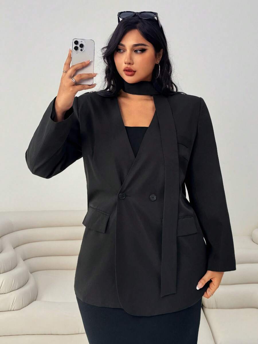 SHEIN EZwear Plus Size Casual Solid Double-Breasted Suit Jacket - Black - View 1