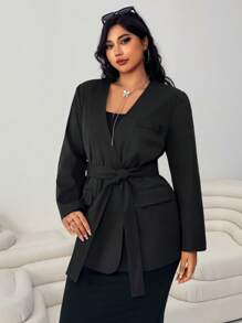 SHEIN EZwear Plus Size Casual Solid Double-Breasted Suit Jacket - Black - View 5