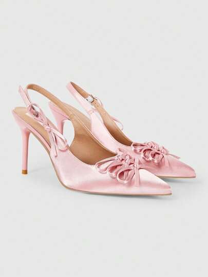 Kawaii Women's Sweet Bowknot High Heel Pumps, Elegant Pointed Toe Stilettos, Pink, For Daily, Campus, Party