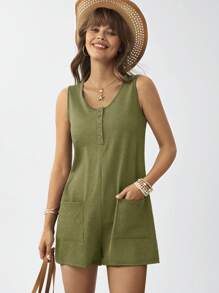 SHEIN LUNE Women Front Opening V-Neck Sleeveless Jumpsuit With Pockets - Green - View 4