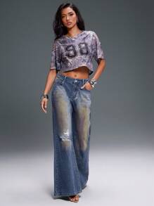 Denimoi Jeans casuales versátiles de mezclilla con bolsillos y efecto desgastado con campana para mujeres - Azul - Ver 4