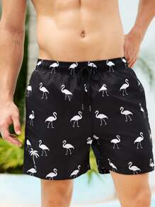 Surfspeed Men's Drawstring Waist Flamingo Print Pocket Beach Shorts, Hawaiian - Black - View 7