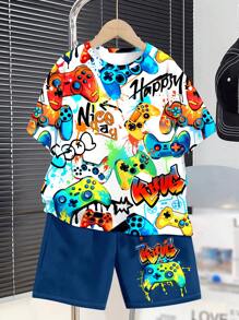 SHEIN Tween Boy Casual Cartoon Print Short Sleeve Crew Neck 2 Pieces Set, Suitable For Summer - Multicolor - View 2