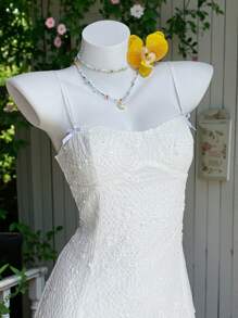 Comfortcana Summer White Texture Waist Cinched A-Line Cami Mini Dress - White - View 1