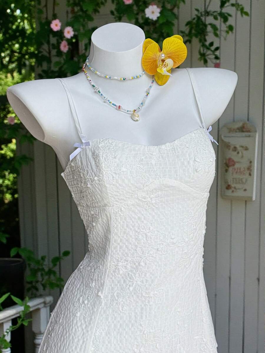 Comfortcana Summer White Texture Waist Cinched A-Line Cami Mini Dress - White - View 1
