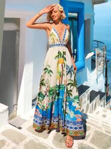 Vivid Eden 女士热带植物印花细肩带露背连衣裙 - 彩色 - 查看 7