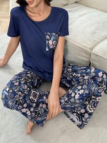 SHEIN Women's Casual Print Knitted Round Neck Pocket Short Sleeve Pajama Set - Multicolor - View 2