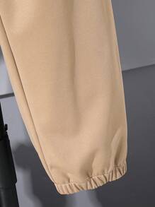 3pcs/Set Tween Boy Casual Summer City Break Tan Sweatshirt,Sweatpants,Crossbody Bag Letter Graphic Loose Drop Shoulder Short Sleeve Street Sporty Set - Khaki - View 7