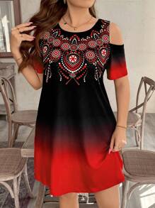 SHEIN LUNE 优雅渐变色镂空露肩休闲舒适加大码西式连衣裙 - 紅色 - 查看 6