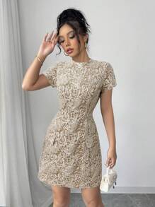 Elenzga 优雅的法国提花面料装饰女士短裙 - 杏色 - 查看 3