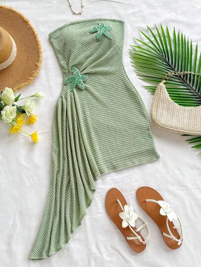 Soleia Vestido mini para playa con decoración de estrella de mar, corte con volantes y amarrado a la cintura, sin tirantes, de estilo tropical y color naranja brillante, para resort