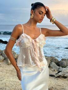 Opulessa Áo hai dây màu trơn lấp lánh đính sequin và hạt cườm, thích hợp cho kỳ nghỉ biển, tiệc tốt nghiệp, sinh nhật, tiệc sang trọng, sân bay, tiệc tùng thanh lịch, lễ tốt nghiệp, dạ hội, buổi tối sang trọng, mùa thu đông, ngày Quốc khánh, năm mới, đi chơi. - Màu be - Xem 3