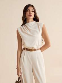 SHEIN Tall 女式纯色褶皱无袖梭织连体衣（配腰带） - 杏色 - 查看 4