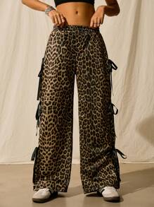 Easelle 秋冬女士豹纹蝴蝶结抽绳宽松休闲运动裤