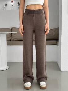 EURMUSE Women Solid Color Drawstring Detailed Wide Leg Sweater Pants,Burgundy Trousers - Brown - View 3